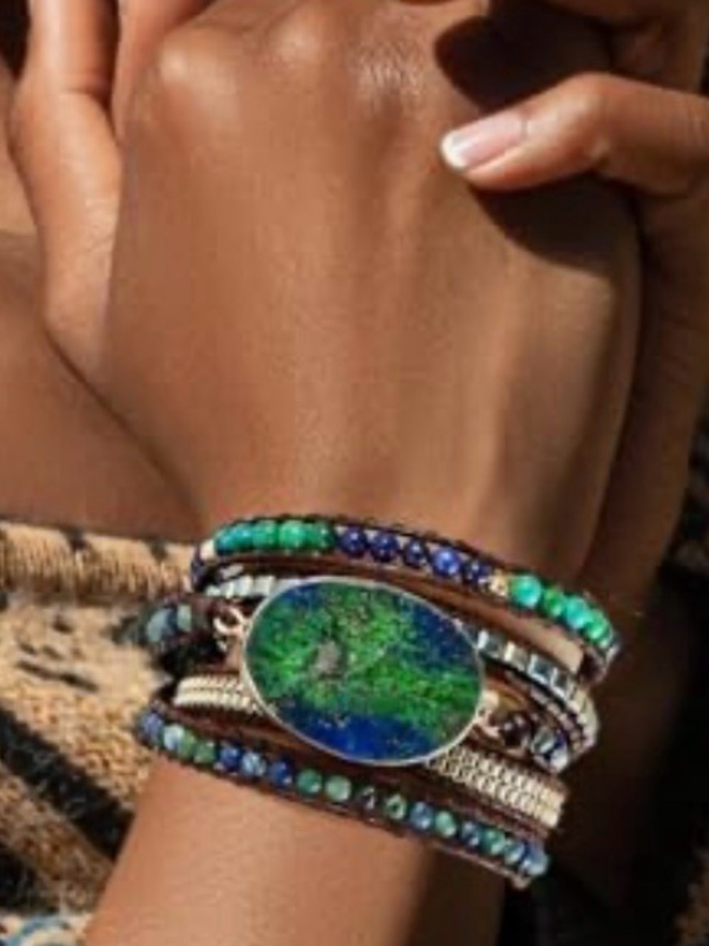 Green & Blue Multi-Strand Beaded Wrap Bracelet with Oval Stone Accent